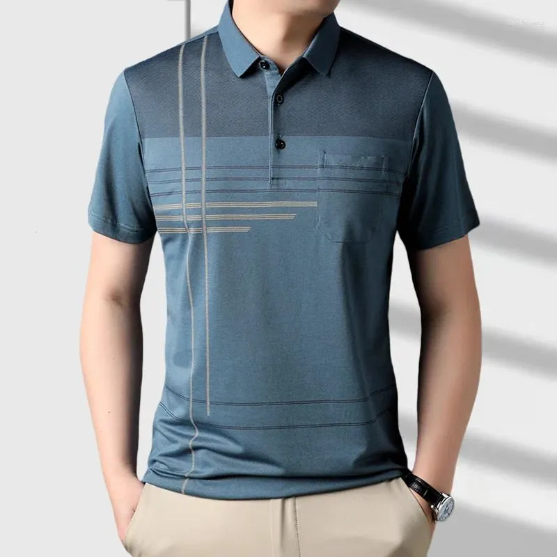 Polos masculinos verão manga curta listrado polo camisas streetwear moda negócios camiseta koreon roupas masculinas bolsos solto casual topo