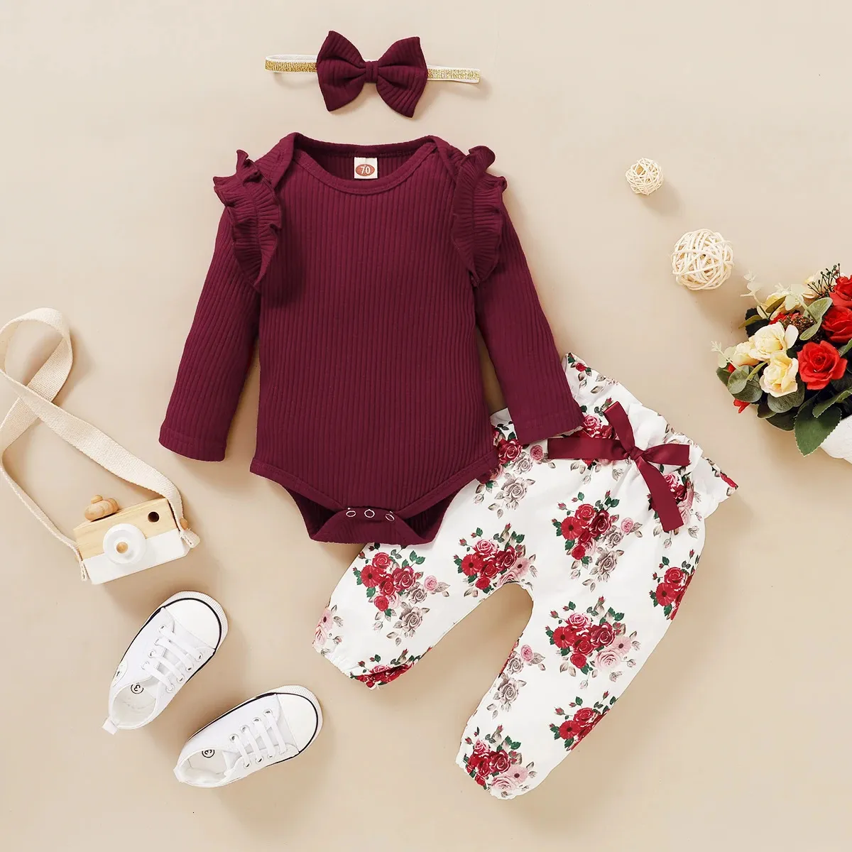 Ensembles de vêtements 3 24 mois bébé bébé filles vêtements ensemble printemps à manches longues barboteuse pantalon floral et bandeau floral bowknot 3 pièces tenues décontractées 231012