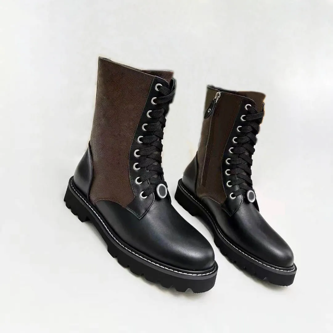 Bottes de moto de démarrage de mode bottes Chelsea femme bottes mi-longues en cuir noir compensé à lacets tête ronde lettre talon épais chevalier