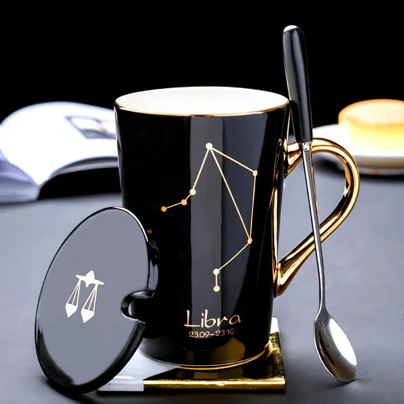 Muggar Ceramic 12 S Creative Glass With Spoon Lid Black and Gold Porslin Zodiac Milk Coffee Cup Drinkware 231013