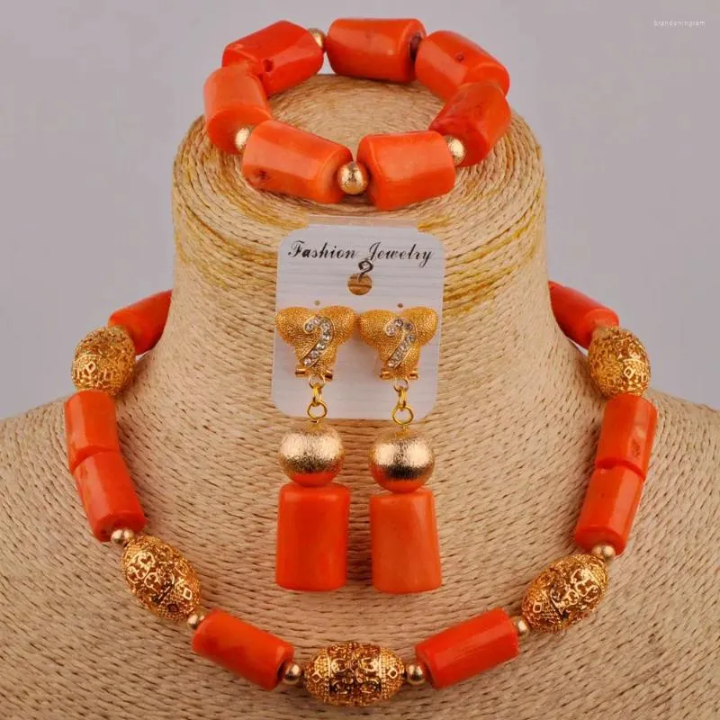 Ожерелье Серьги Набор Оранжевый Коралл Африканские Бусы Ювелирные Изделия Нигерийская Свадьба Свадебный