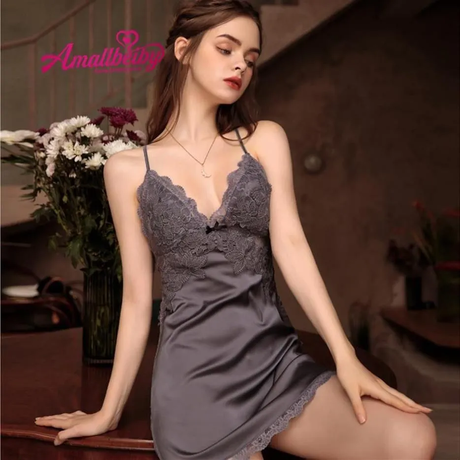 Women's Sleepwear Winter Sexy Night Dress Lingerie Backless Lace Nightwear Silk Nightgowns Homewear Breast Pad Sling Nightdre240i