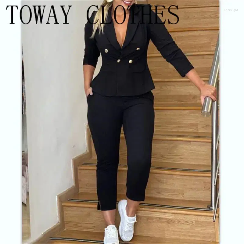 Pantalon de deux pièces pour femmes Ensemble Femmes Outfit 2023 Élégant Double Boutonnage À Manches Longues Bureau Lady Blazer Manteau Skinny Travail Costumes Féminins