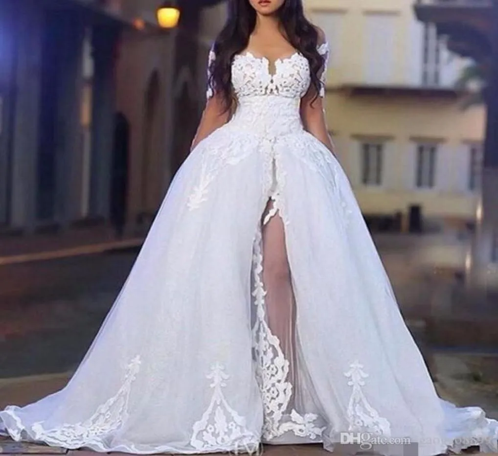 Elegant Wedding Dresses with Overskirt Off the Shoulder Long Sleeve Lace Bridal Gowns with Detachable Train5793568