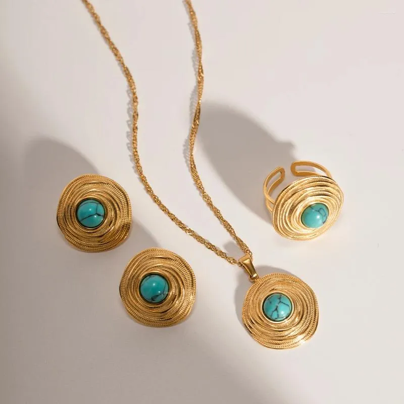 Conjunto de collar y pendientes Youthway, círculo de acero inoxidable, anillo de turquesa Natural, chapado en oro de 18 quilates, regalo de fiesta, joyería