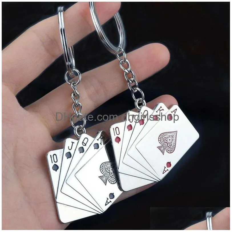 Nyckelringar Metal Royal Flush Poker Spelar Kort Key Ring Red Black Keychain Bag Hanging Fashion Jewelry Will and SMYELLT DH5TQ