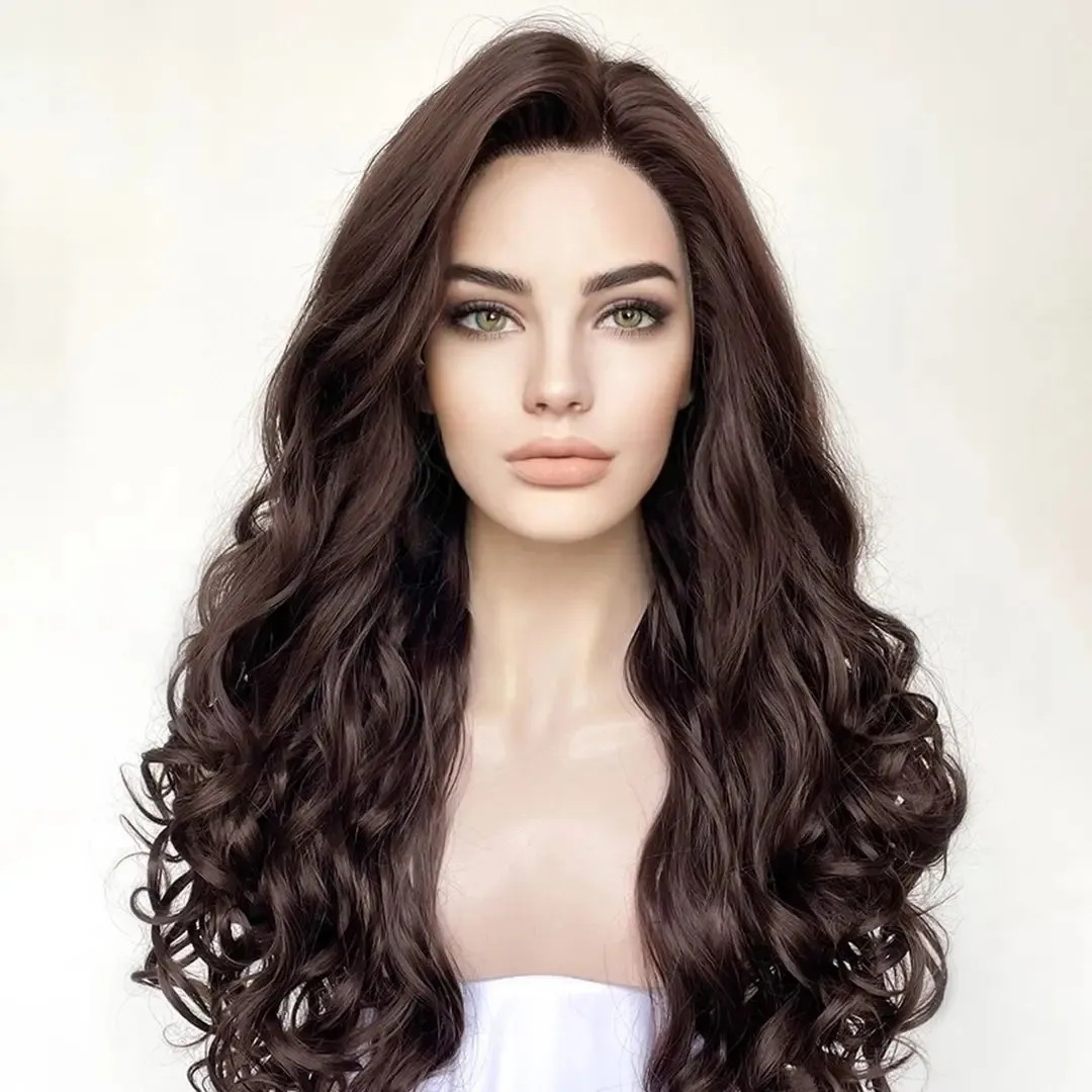 Mörkbrun 180densitet Löst våg 13x4 Transparent spetsfront peruker för svarta kvinnor Lolita Glueless Long Loose Wave Wigs Babyhår