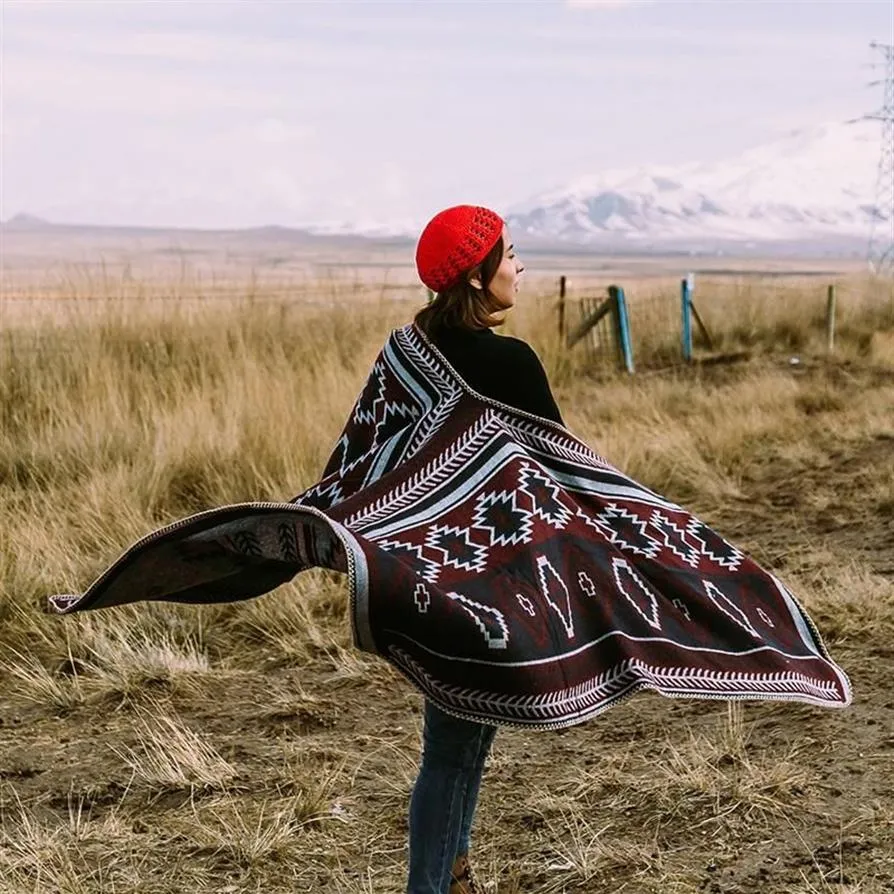 Echarpes Glamping Tapis Poncho Bohême Motif Géométrique Tribal Cachemire-Like Femmes Écharpe Tricotée À La Main Rétro-Mode Style Vintage Pa219I