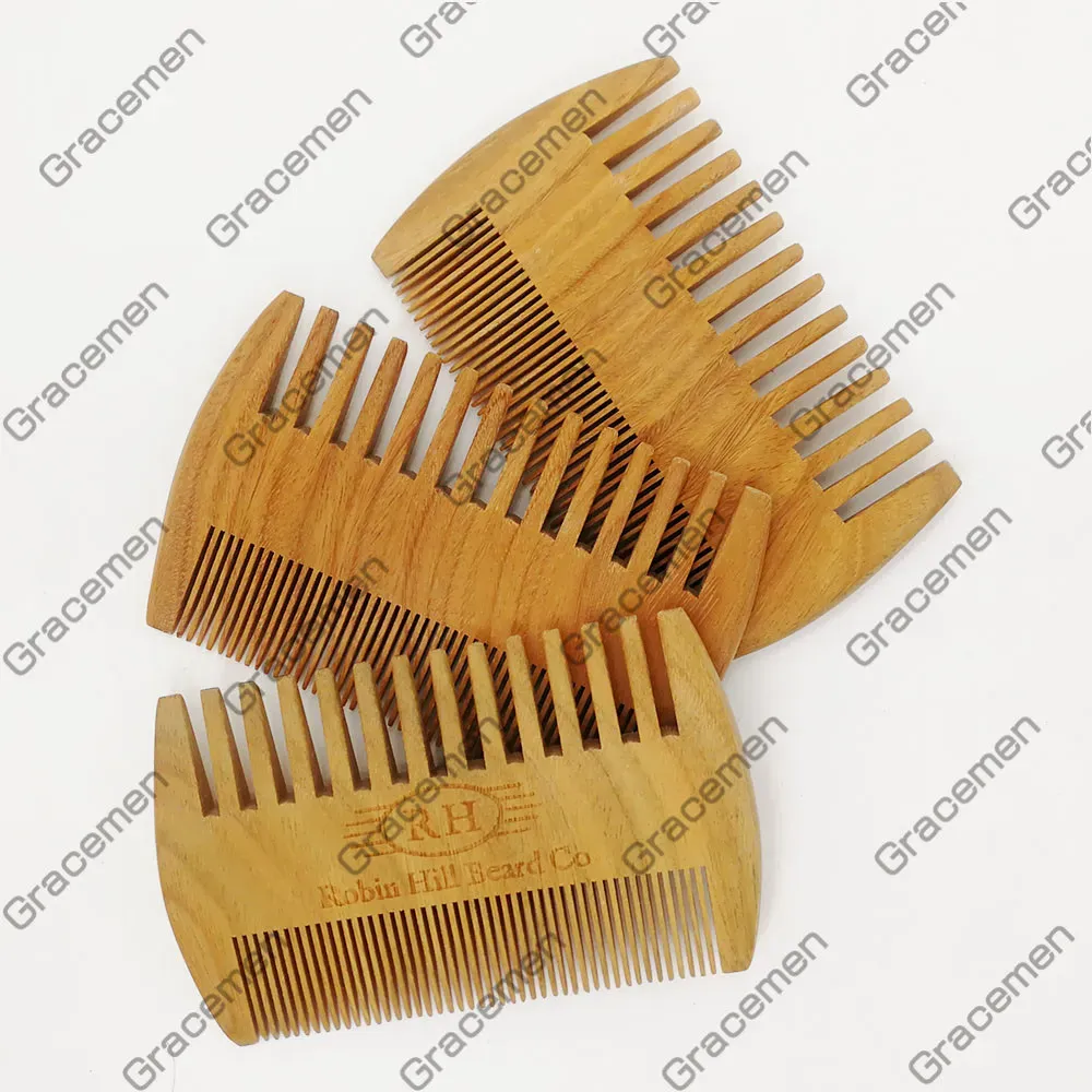 MOQ Amazon Green Sandal Wooden Hair Comb Dual Sides Fine & Coarse Wood Hairs Brush Customized LOGO Men Grooming Combs