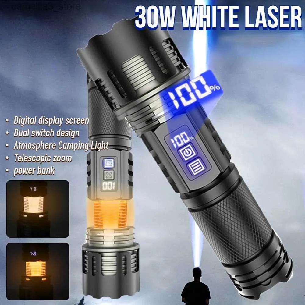 Torches 30W biała laser LED mocne światło Latka Latarka Teleskopowa Zoom Zoom Digital Wyświetlacz Outdoor Portable Torch Q231013