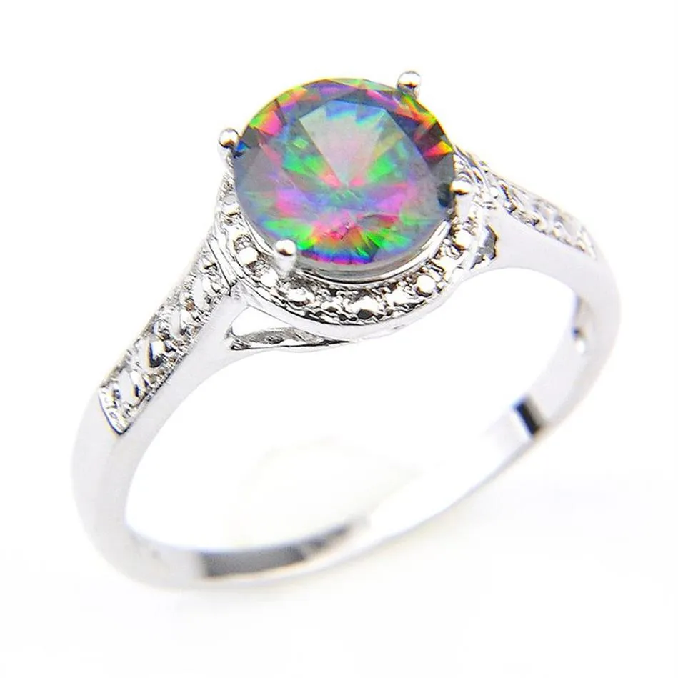 Luckyshine Classic Vintage Fire Round Rainbow Mystic Topaz Rings 925 Silver Zircon Women Lover's Ring for Holiday Wedding Par288n