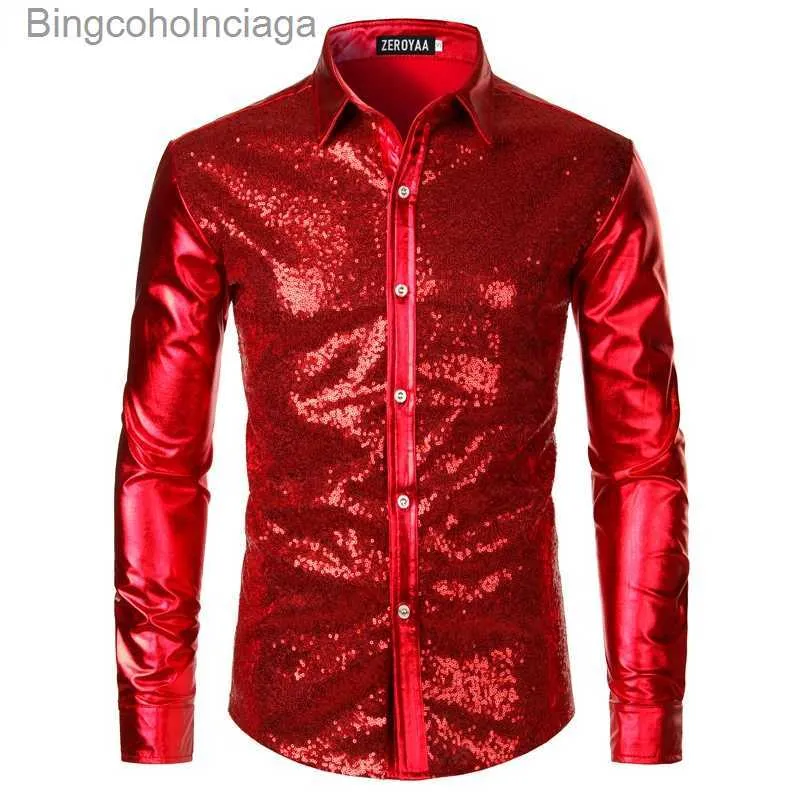 Tema dräkt röd paljett metalliskt lapptäcke skjorta män nya 70 -tals disko nattklubb glittrande skjorta mens halloween party scen prom comel231013
