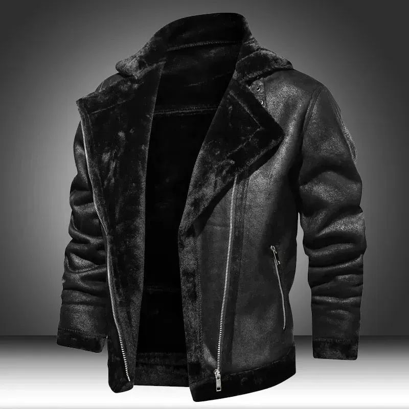 Männer Leder Faux Winter Fleece Motorrad Jacke Plus Samt Dicke Retro Vintage Freizeit Männliche Outwear Warme Kaschmir Innen Mäntel 231012