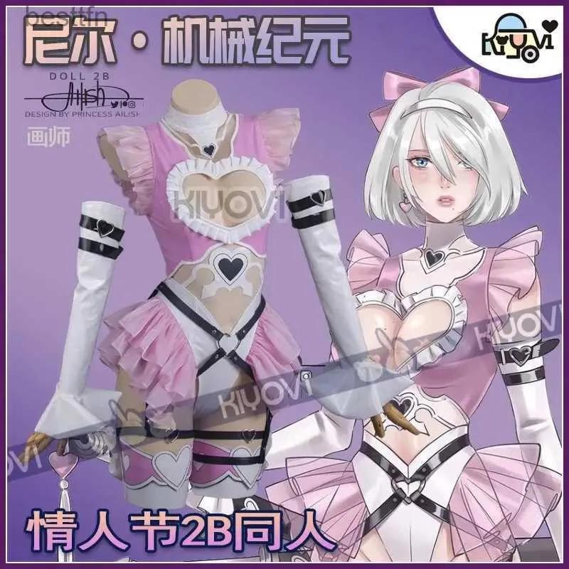 Themakostuum NieR Automata POP 2B Cosplay Come Valentijnsdag Cos Meid Roze PU Pleather Babydoll Body Meid Outfit Rok Open Buste BikiniL231013