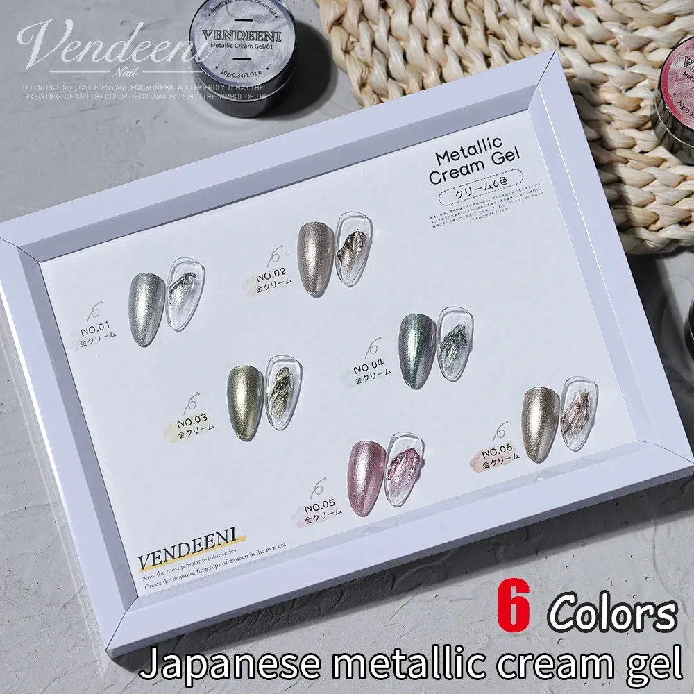 Poliska do paznokci Vendeeni 6 kolorów japoński metalowy krem ​​żelowy Malowanie krawędzi Linia lakier lakier platynowy lakier 231012