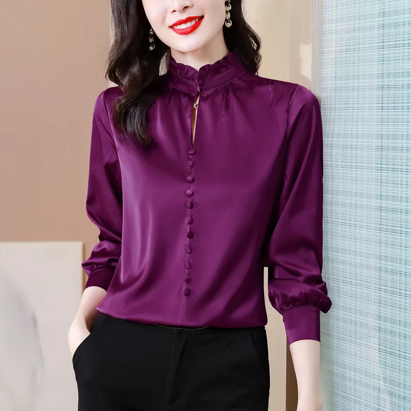 Fioletowe satynowe bluzki dla kobiet designerski lucie w stylu witrynowy jedwabny bluzka biuro damskie wszechstronne solidne topy 2023 jesień zimowe marszczenia stojak na stojak na wybiegu