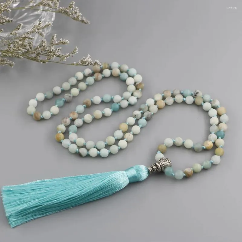 Pendentif Colliers 6mm Mat Amazonite Pierre 108 Perles Six Mots Mala Collier Pour Femmes Filles Spirituel Naturel Bijoux EDO2225