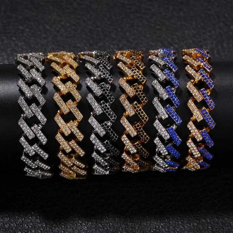 Heren Hip Hop Gouden Armbanden Zwart Blauw Diamanten Armbanden Sieraden Mode Iced Out Miami Cubaanse Link Chain Armband 8inch211O