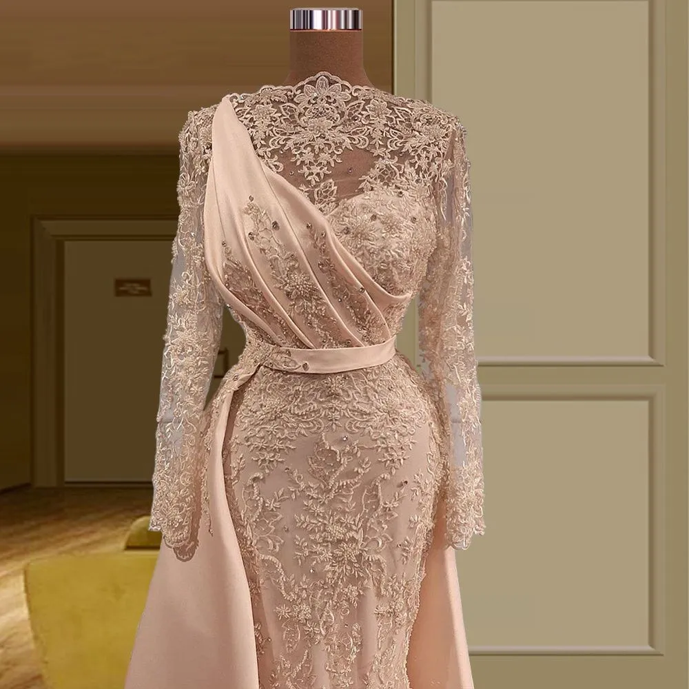 Lace Jewel Neckline Pink Mermaid Evening Dress Lace Jewel Neckline Pink Mermaid Evening Dress