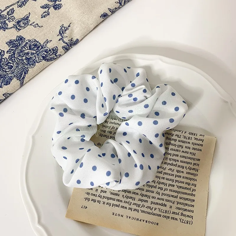 Chouchou bleu doux pour femmes, chouchou à pois, imprimé de fleurs, attaches pour cheveux, corde de tête, couvre-chef d'été