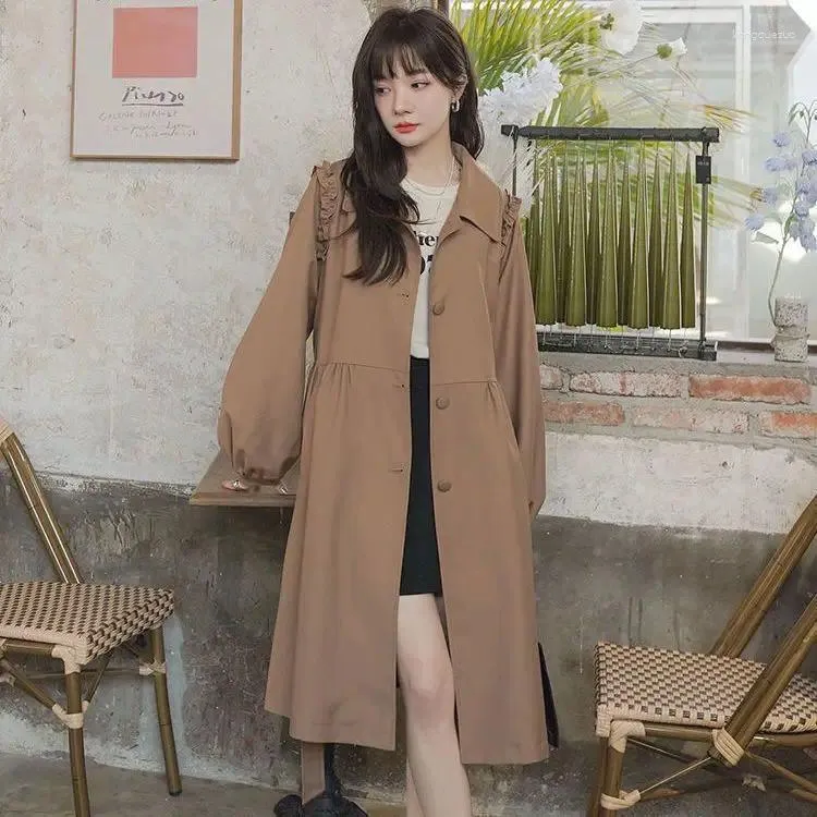 여자 트렌치 코트 2023 스프링 가을 중간 길이 코트 전장 소매 여성 윈드 브레이커 얇은 한국 패션 스타일 의류 아웃복