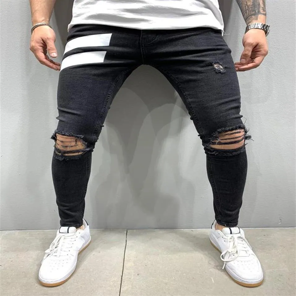 Men Skinny Denim Biker Side Striped Jeans Ripped Pencil Pants Destroyed Hole Hip Hop Slim Fit Man Scratched Jean Hombre Pantalon228K