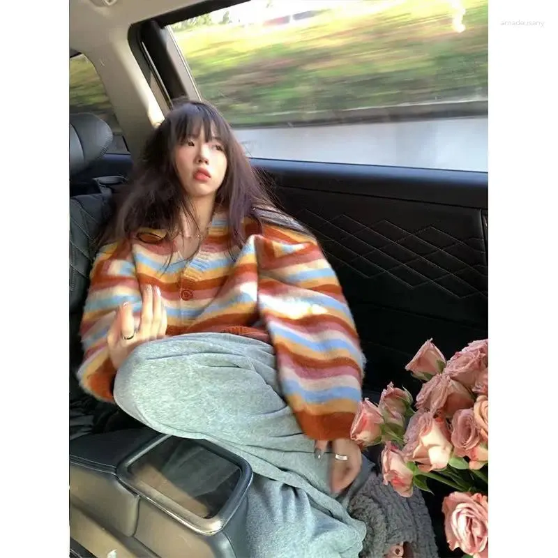 Swetry damskie Korobov Vintage pomarańczowy Sweter Sweter SWEATER LUSE LAZY SKRYGAN CARDIGAN V SCECK Knitwears HARAJUKU Koreańska moda Y2K