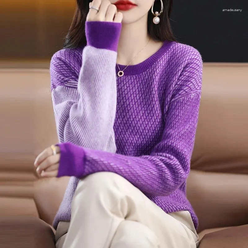 Kadın Sweaters Bahar 2023 Kadın Yuvarlak Boyun Külot Merino Yün Sweater Örme Uzun kollu renk kontrastlı termal ventilasyon