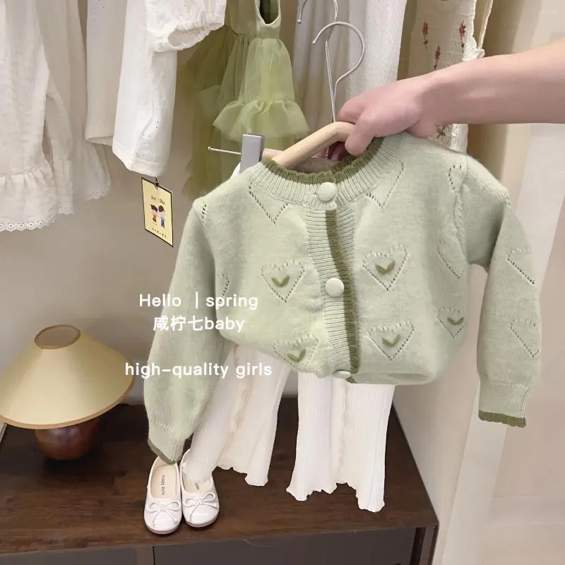 Ceketler Varış Bahar Sonbahar Bebek Kızlar Örme Sweaters Yeşil Kalp Baskı Tek Göğüslü Gömlek Kürk Mağazalar Toddler hırka