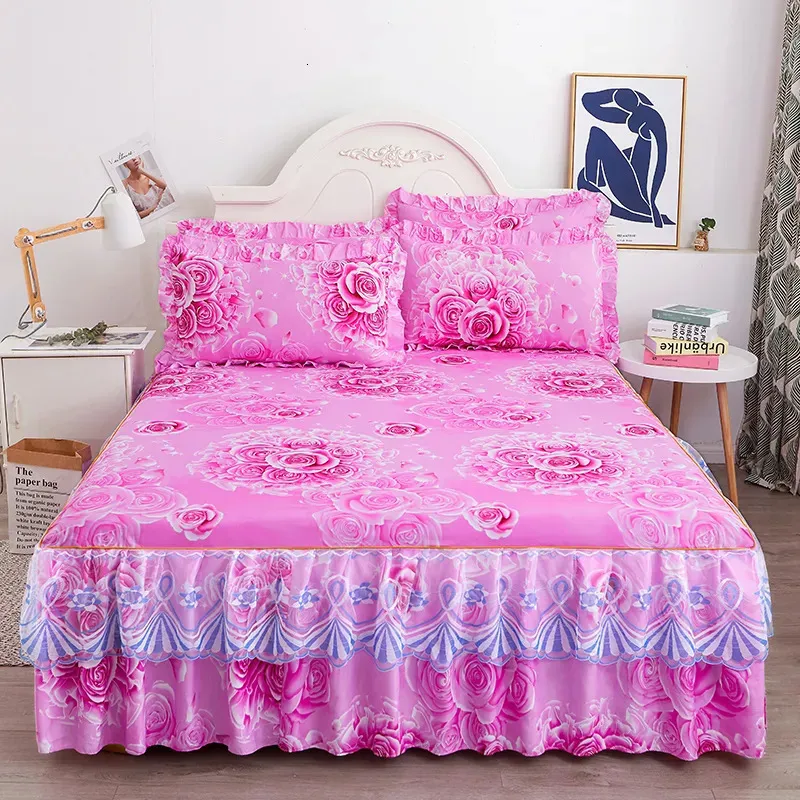 Couvre-lit 1 pièce ensemble de literie imprimé jupe de lit douce couvre-lit complet double reine roi taille drap de lit housse de matelas avec dentelle sans taies d'oreiller 231013