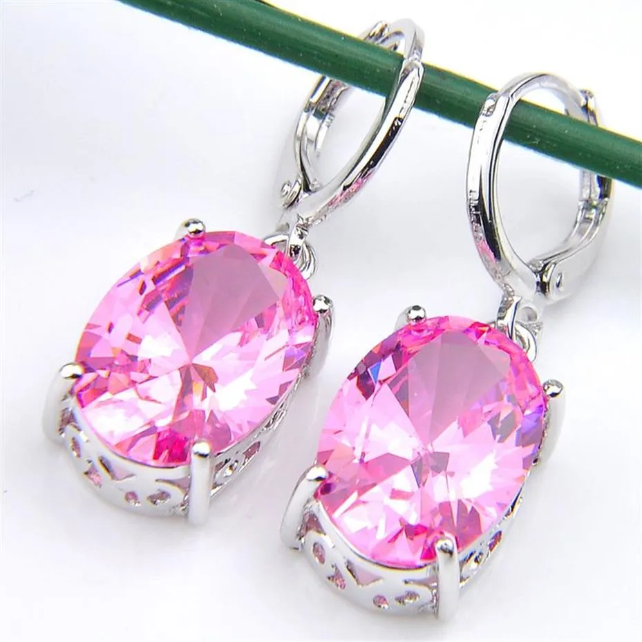 10Prs Luckyshine Clásico Fuego Deslumbrante Oval Rosa Topacio Circonita Cúbica Pendientes Colgantes de Plata para Fiesta de Bodas Festivas267r