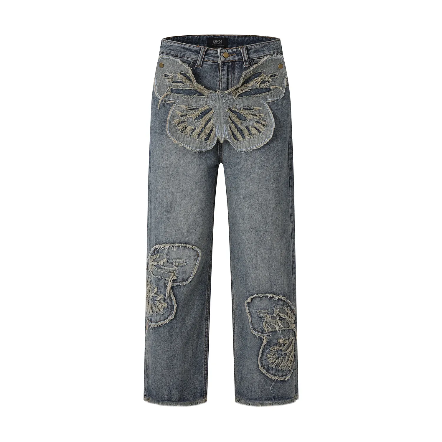 Прямые винтажные мешковатые облегающие джинсы с вышитыми бабочками, потертые джинсы для мужчин, потертые джинсы, брюки для женщин