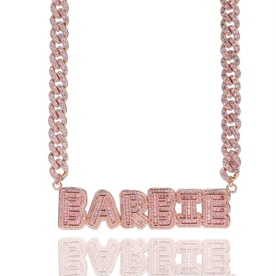 Colgante pequeño de letras iniciales Baguette con cadena de eslabones cubanos de 10mm, combinación de collar, joyería de nombre de Zirconia, oro rosa 251v