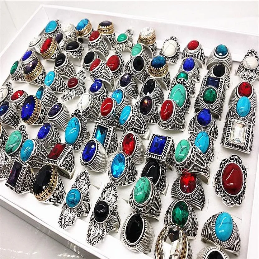 Interi stili misti 100 pezzi retrò argento donne anelli di pietra gioielli regali per feste brand new etnico tribale267x