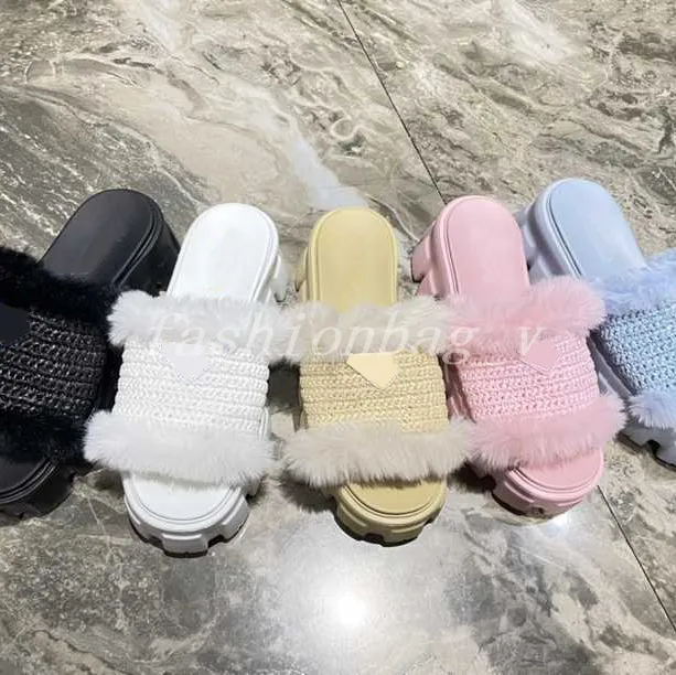 Designer Woven Woolen Slippers Thick Soles Raised Sandals Furry Sandals Solid Color Knit Rich Color Matching Autumn Winter Insulation Sandal With Box