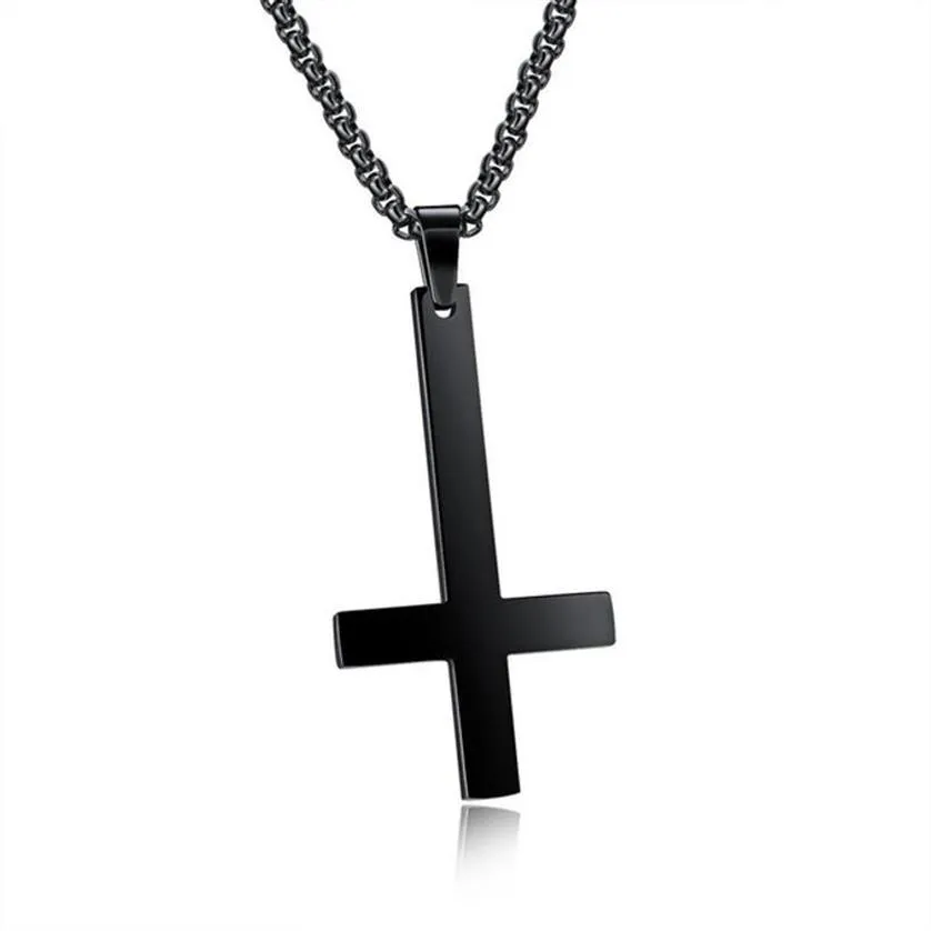 Male Black St Peter's Inverted Cross Pendant Necklace for Men Stainless Steel Choker Crux de Sanctus Petrus Jewelry Men Neckl2041