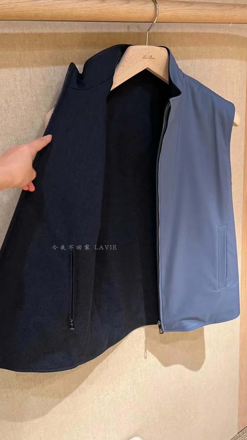 Gilet da uomo primavera loro pianoforte Gilet casual con cerniera con colletto blu scuro