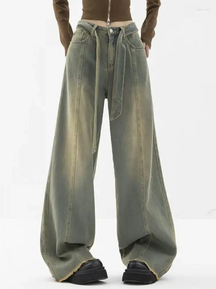 Kvinnors jeans grunge baggy mamma med bälte y2k hög midja lös pojkvän för kvinnor höst koreansk stil bred ben byxor streetwear