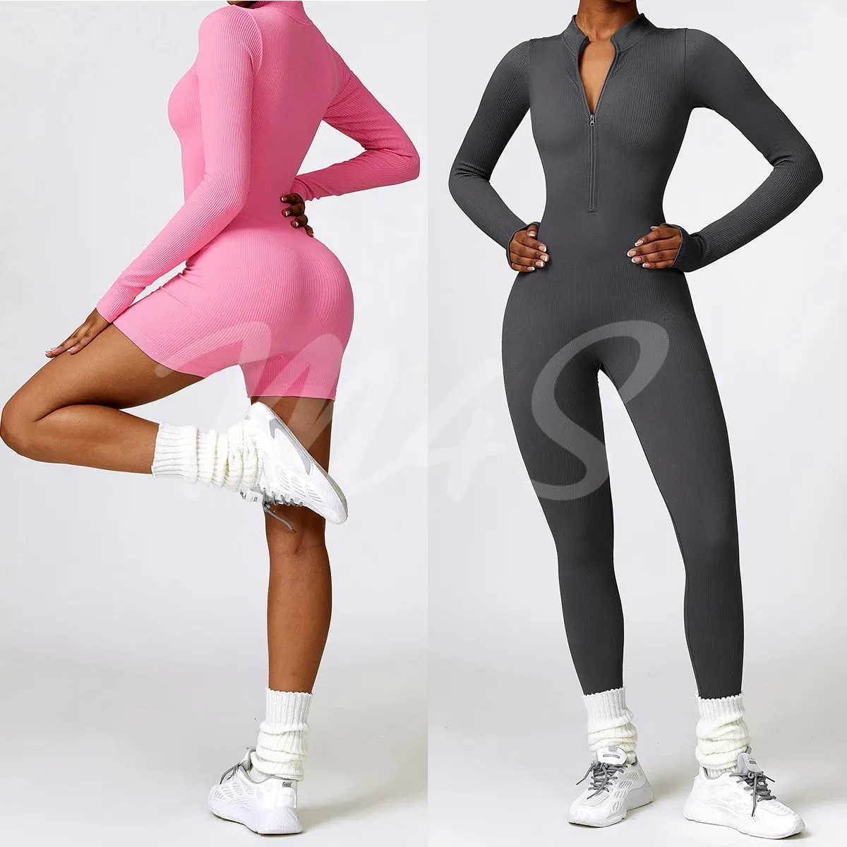 Yoga Outfit Seamless Long Sleeve Ribbed Bodysuit Fitness Set Jumpsuit  Tracksuit Gym Workout Clothes for Women Sport Suit 231012