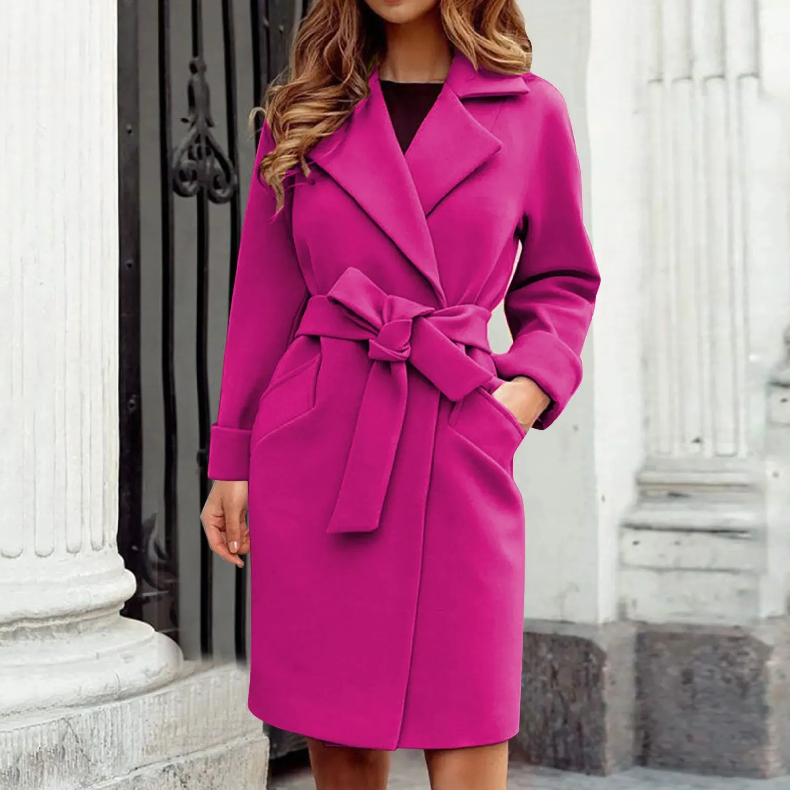 Women's Wool Blends Women Pink Trench Coat Casual Mid Long Overcoat Lapel Open Front Cardigan Outwear Woolen Boot Winter Jackets for Women 231013