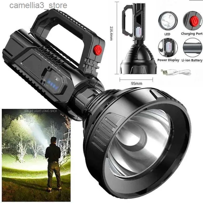Torches LED Flashlight Searchlight Power Display Flashlight USB Rechargeable Spotlight Built-in 18650 Li-ion Battery Handheld LED Torch Q231013