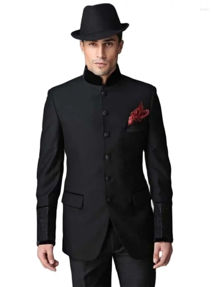 Мужские костюмы, 2 шт., куртка, брюки, приталенный воротник-стойка, мужской костюм жениха, смокинги, черный свадебный мужской костюм Homme (куртка, брюки)