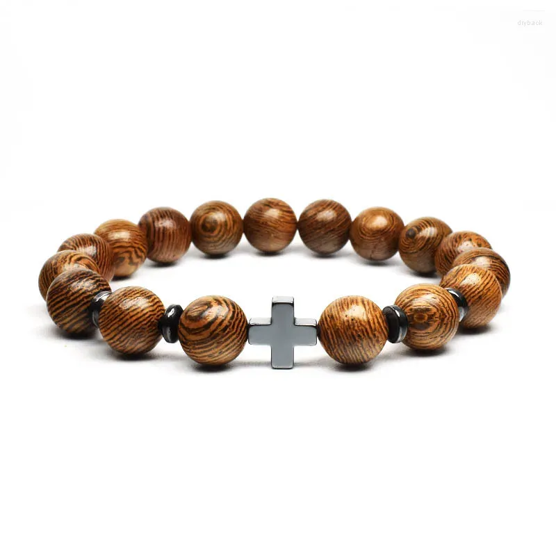 Strand Kirykle 8mm Retro Religious Bracelet Metal Cross Accessory Smooth Wood Beads Stretch Bracelets For Man Women Jewelry