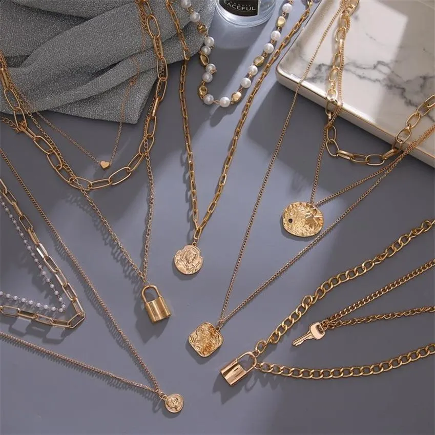 2021 Vienkim Vintage Muti chaîne en couches collier pour femmes couleur or perle pièce déclaration large pendentif colliers collier bijoux N302P