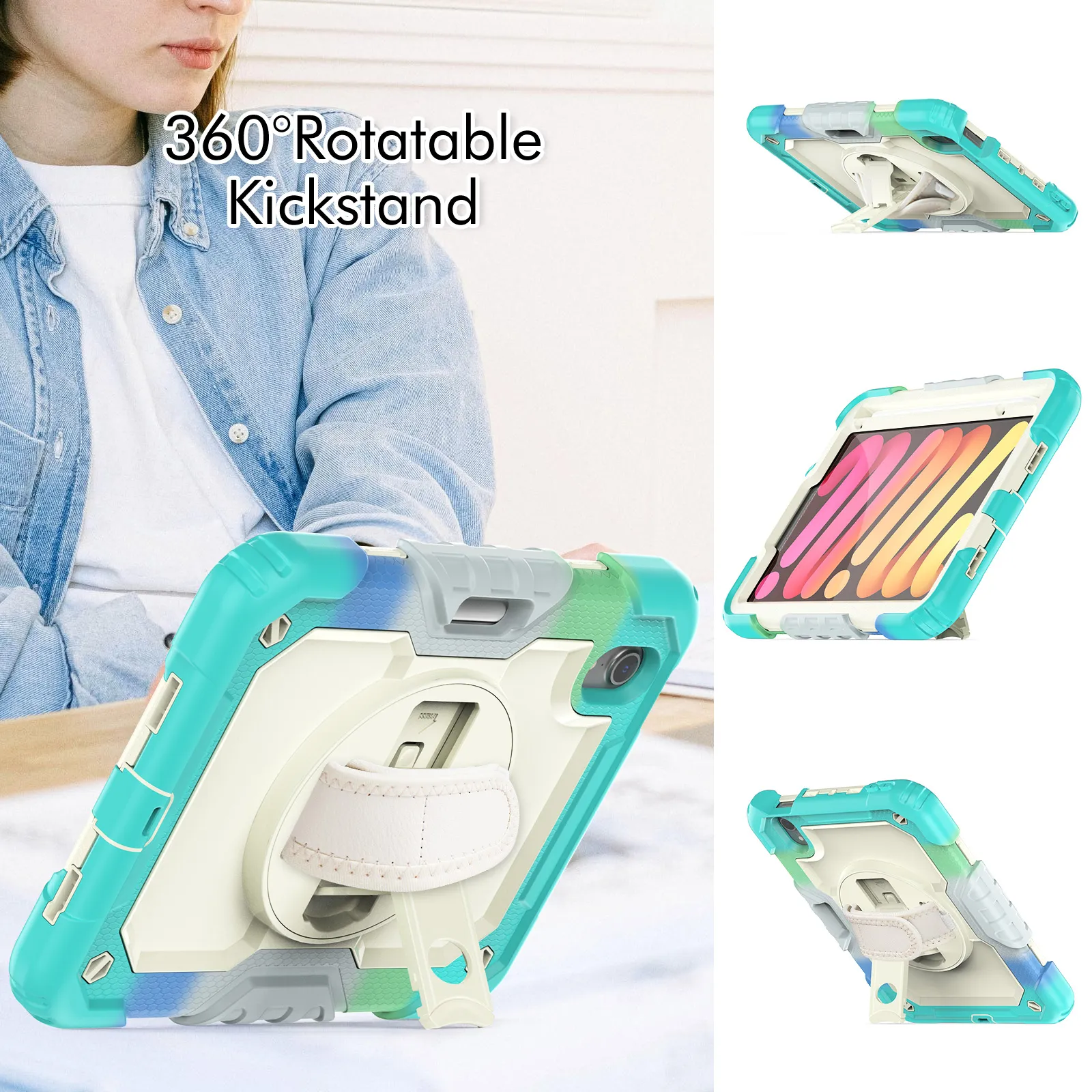 For Apple iPad Mini 6 5 4 8.3inch Kids Shockproof Case 3 in 1 Hybrid Rugged Silicone Tablet Cases Hand Wrist Strap Kickstand Cover with S Pen Holder + PET Screen Protector