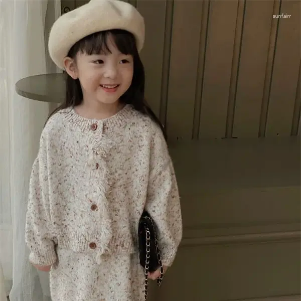 Clothing Sets Girls Sweater Set 2023 SKorea Autumn And Winter Colorful Cardigan Fashion Knitted Half Skirt Cotton