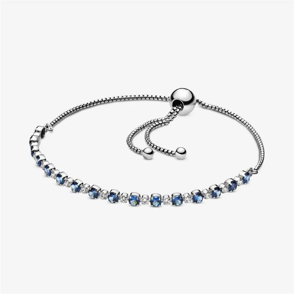 Bracciale a maglie con cursore blu e trasparente scintillante 100% argento sterling 925 catena regolabile con zirconi per le donne moda matrimonio Eng287c