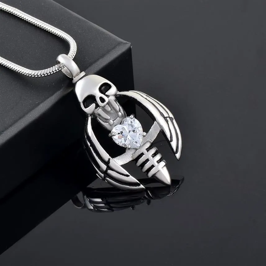 IJD9793 Skull Rostfritt stål Kremation Pendant Halsband Hjärtkristall Ashes Keepsake Urn Necklace Memory Jewelry257e