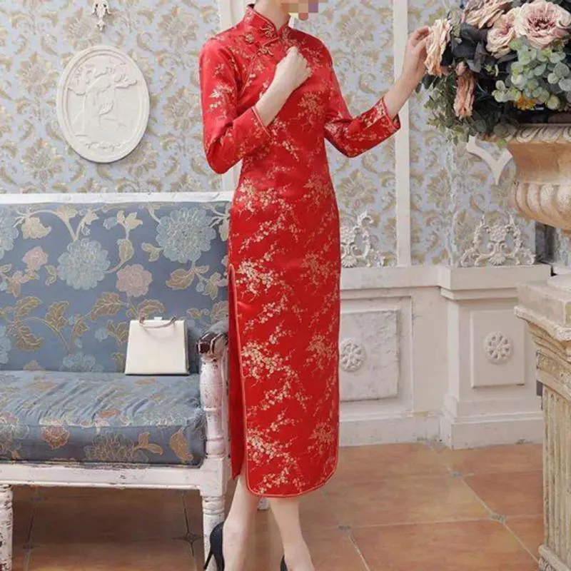 Ubranie etniczne przyjazna skóra sukienka Cheongsam Elegancka Chińska Klasyczna damska rozcięcie na wesele wieczór