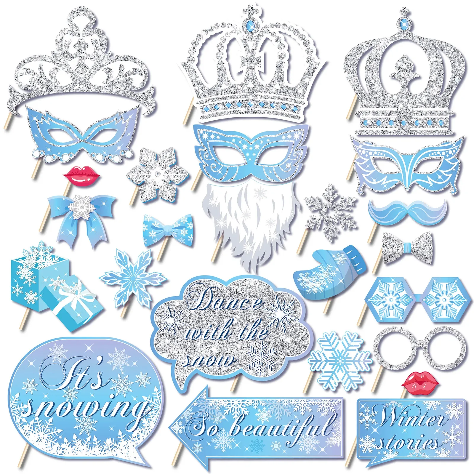 Inne imprezy imprezowe dostawy 25pcs/set zimowy błękitny śnieg korona świąteczne przyjęcie urodzinowe papier Pobooth Pobooth Pobaking Prop Baby Shower Party Decors 231013